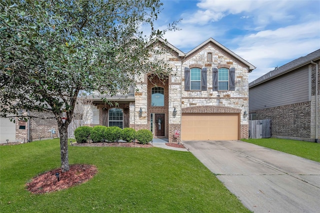 21275 Lily Springs Dr, Porter, TX 77365 - french provincial home featuring an attached garage, driveway, a front lawn, brick siding, and stone siding