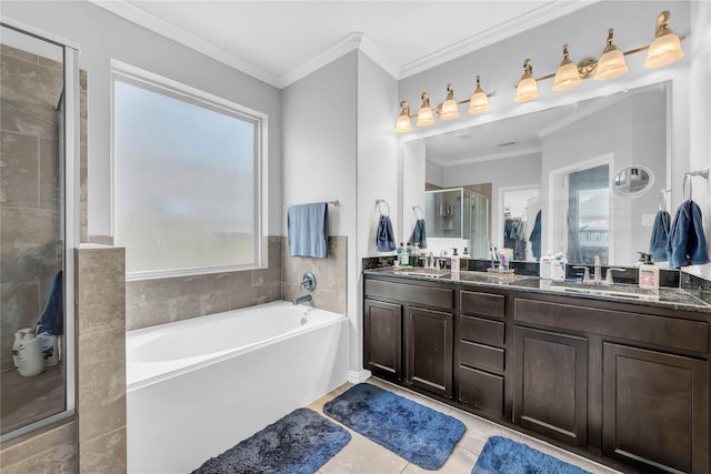21275 Lily Springs Dr, Porter, TX 77365 - bathroom with a shower stall, plenty of natural light, tile patterned floors, double vanity, and ornamental molding