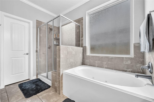 21275 Lily Springs Dr, Porter, TX 77365 - full bathroom with a whirlpool tub, a stall shower, ornamental molding, and tile patterned flooring