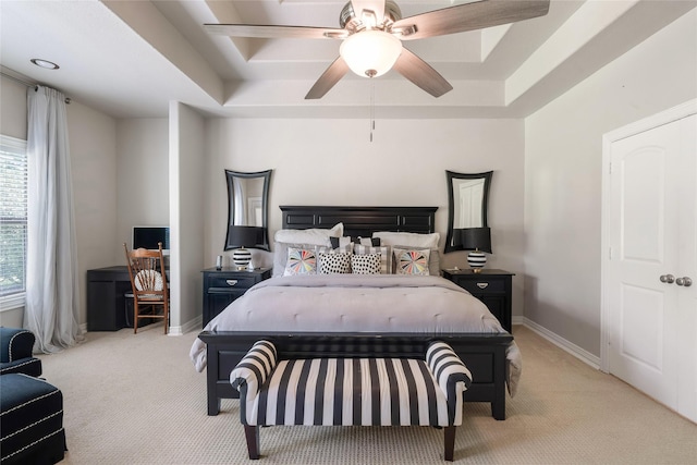 27326 S Karaugh Dr, Richmond, TX 77406 - bedroom with light colored carpet, baseboards, and a ceiling fan