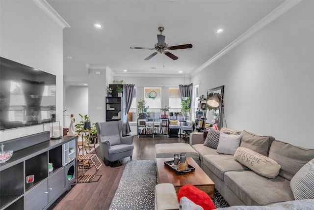 3009A Bell St, Houston, TX 77003 - living room with ceiling fan, dark wood-type flooring, ornamental molding, and recessed lighting