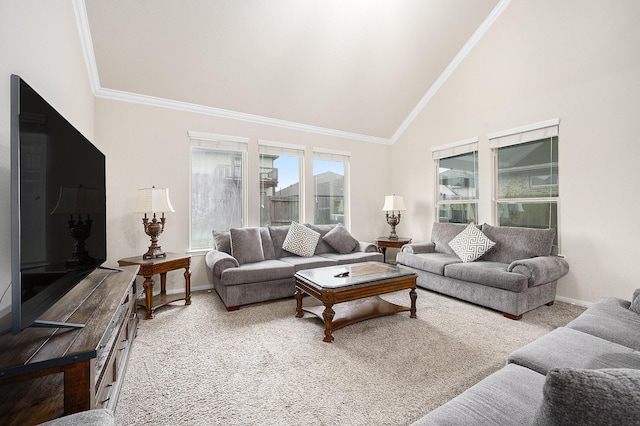 9407 Mineral Rock Ln, Richmond, TX 77407 - living area featuring crown molding, carpet flooring, high vaulted ceiling, and baseboards
