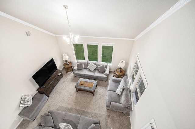 9407 Mineral Rock Ln, Richmond, TX 77407 - carpeted living area featuring crown molding, a chandelier, and baseboards