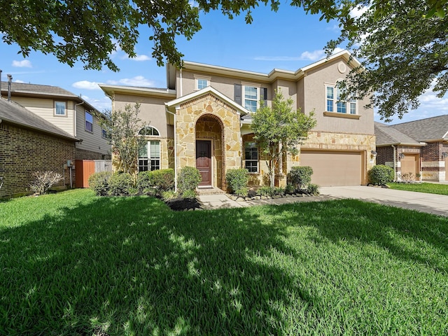 4202 Lodge Ranch Ct, Fulshear, TX 77441 - traditional home with stone siding, stucco siding, an attached garage, and concrete driveway