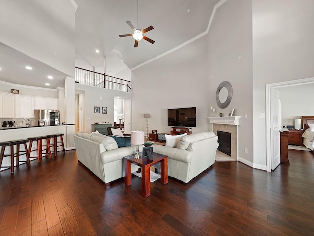 4202 Lodge Ranch Ct, Fulshear, TX 77441 - living area with high vaulted ceiling, ceiling fan, dark wood-style flooring, a premium fireplace, and crown molding