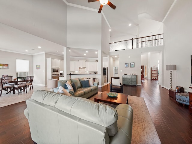 4202 Lodge Ranch Ct, Fulshear, TX 77441 - living area featuring ornamental molding, a ceiling fan, dark wood-style floors, a towering ceiling, and baseboards