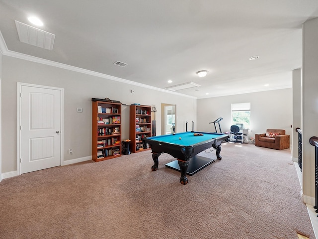 4202 Lodge Ranch Ct, Fulshear, TX 77441 - game room with billiards table, light carpet, ornamental molding, baseboards, and recessed lighting