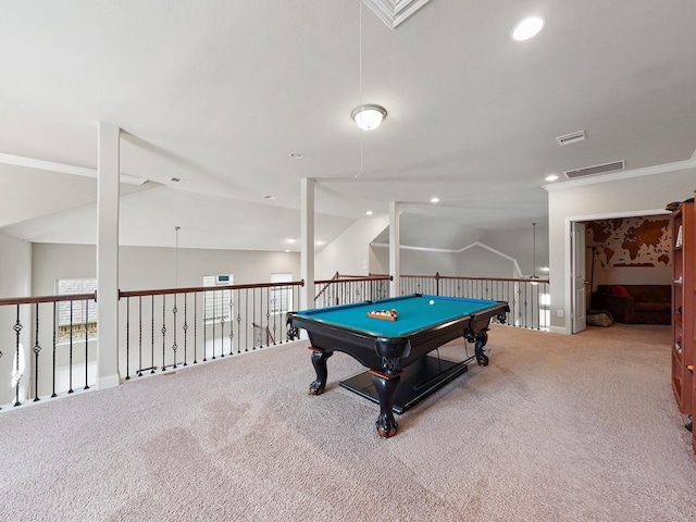 4202 Lodge Ranch Ct, Fulshear, TX 77441 - recreation room with carpet floors, lofted ceiling, ornamental molding, recessed lighting, and billiards table