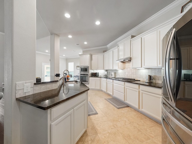 4202 Lodge Ranch Ct, Fulshear, TX 77441 - kitchen featuring appliances with stainless steel finishes, tasteful backsplash, ornamental molding, a sink, and under cabinet range hood
