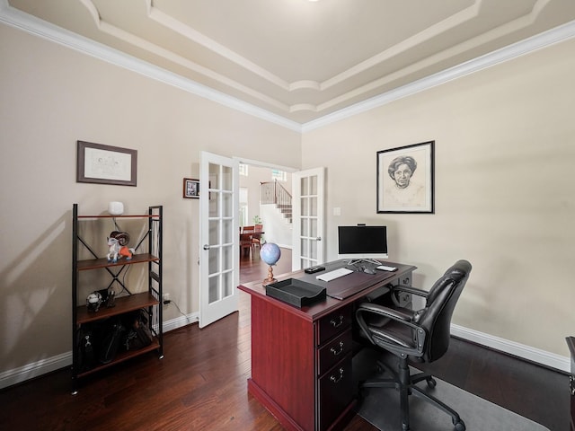 4202 Lodge Ranch Ct, Fulshear, TX 77441 - home office featuring french doors, a raised ceiling, dark wood-style floors, and ornamental molding