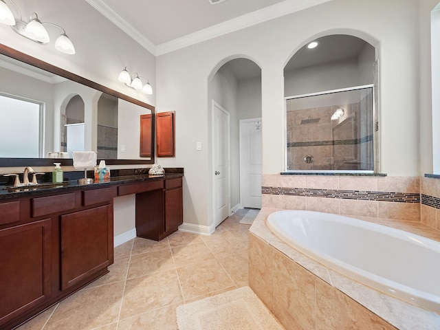 4202 Lodge Ranch Ct, Fulshear, TX 77441 - full bathroom featuring a shower stall, vanity, a bath, crown molding, and tile patterned floors