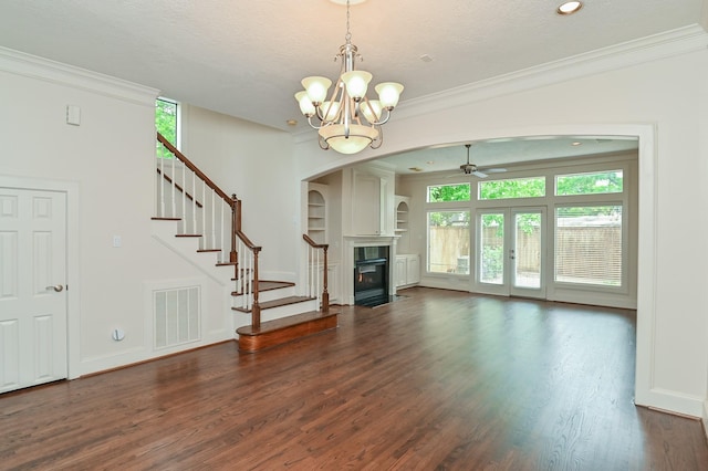 5422 Gibson St Unit A, Houston, TX 77007 - unfurnished living room featuring ceiling fan, a fireplace with flush hearth, crown molding, a chandelier, and stairs