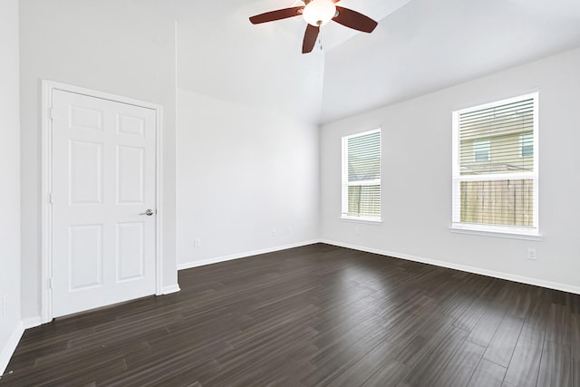 14806 Meadow Acre Trl, Houston, TX 77049 - unfurnished room featuring ceiling fan, dark wood-style floors, baseboards, and high vaulted ceiling