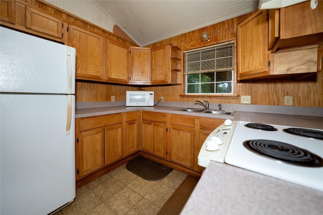5332 County Road 1180, Kennard, TX 75847 - kitchen with white appliances, lofted ceiling, light countertops, open shelves, and a sink