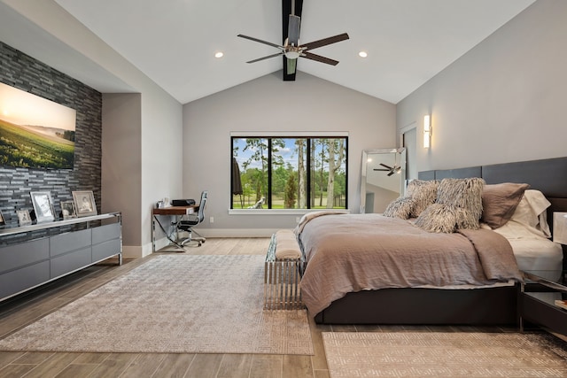 27457 S Lazy Meadow Way, Spring, TX 77386 - bedroom with wood finished floors, lofted ceiling, a ceiling fan, recessed lighting, and a desk