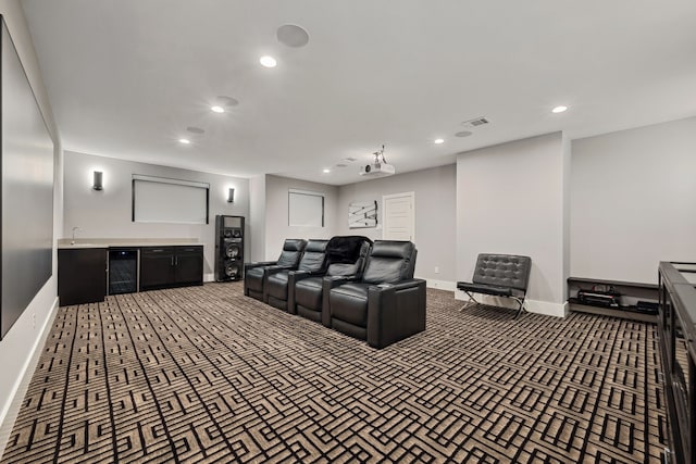 27457 S Lazy Meadow Way, Spring, TX 77386 - home theater room featuring wine cooler, carpet, recessed lighting, baseboards, and bar