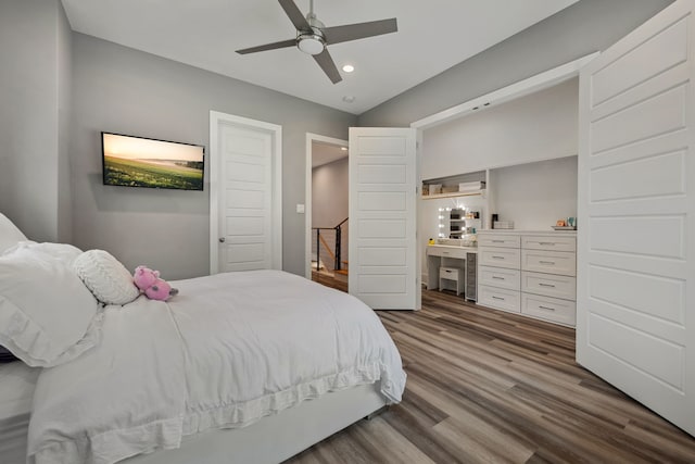 27457 S Lazy Meadow Way, Spring, TX 77386 - bedroom featuring recessed lighting, dark wood-type flooring, an office area, and ceiling fan