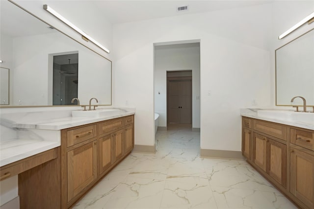 1253 Lamonte Ln, Houston, TX 77018 - full bathroom with marble finish flooring, baseboards, two vanities, and a freestanding tub