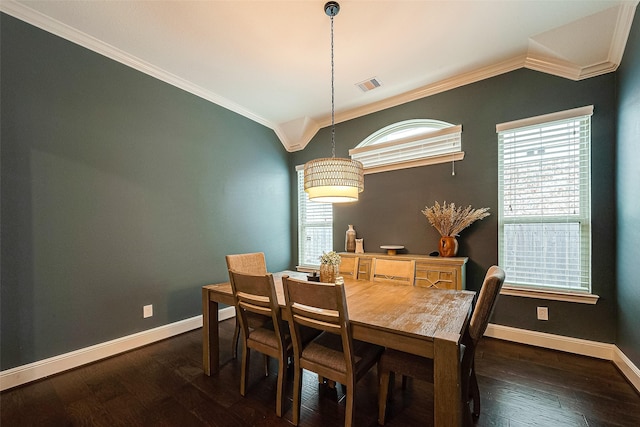 2625 Blooming Field Ln, Conroe, TX 77385 - dining room with crown molding, baseboards, lofted ceiling, and dark wood finished floors