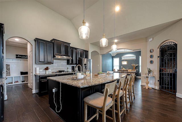 2625 Blooming Field Ln, Conroe, TX 77385 - kitchen featuring appliances with stainless steel finishes, arched walkways, dark cabinets, light stone countertops, and dark wood-style floors