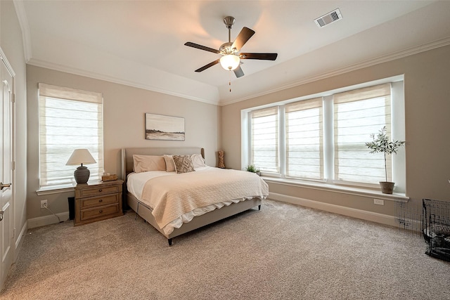 2625 Blooming Field Ln, Conroe, TX 77385 - bedroom featuring light colored carpet, baseboards, crown molding, and ceiling fan