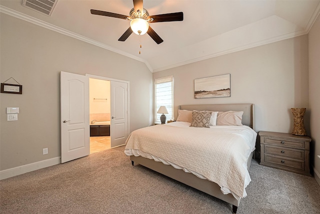 2625 Blooming Field Ln, Conroe, TX 77385 - carpeted bedroom with ornamental molding, baseboards, ensuite bathroom, and ceiling fan