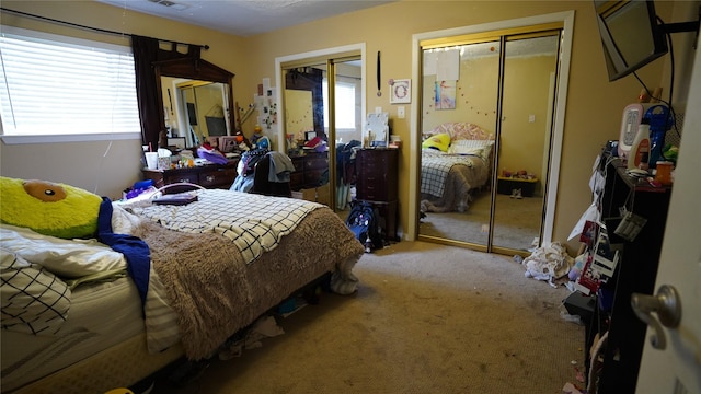 7355 Birchtree Forest Dr, Houston, TX 77088 - bedroom featuring two closets, multiple windows, and carpet
