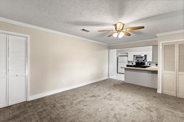 309 Helen Dr, Deer Park, TX 77536 - unfurnished living room with carpet flooring, a ceiling fan, crown molding, and a textured ceiling
