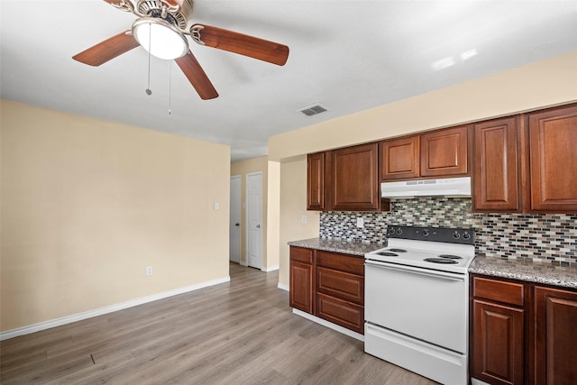 6639 Feather Creek Dr, Houston, TX 77086 - kitchen featuring white range with electric cooktop, under cabinet range hood, decorative backsplash, and light wood finished floors