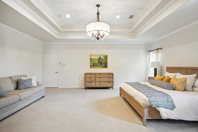 5301 Grand Lake St, Bellaire, TX 77401 - bedroom featuring a chandelier, a raised ceiling, crown molding, light colored carpet, and recessed lighting