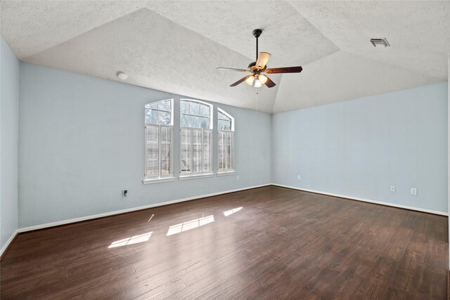 4131 N New Meadows Dr, Sugar Land, TX 77479 - empty room with vaulted ceiling, a ceiling fan, wood finished floors, a textured ceiling, and baseboards