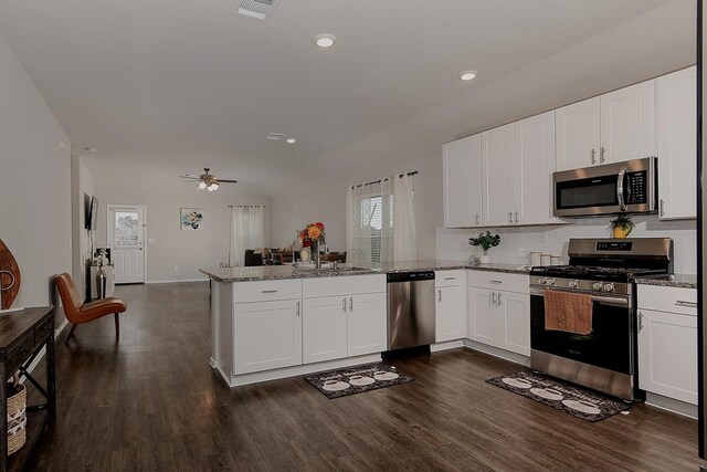 309 Cumberland Forest Dr, Magnolia, TX 77354 - kitchen with appliances with stainless steel finishes, a peninsula, healthy amount of natural light, stone countertops, and recessed lighting