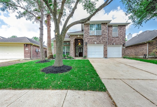 5732 Montclair Hill Ln, Rosharon, TX 77583 - traditional home with brick siding, driveway, a front lawn, and a garage