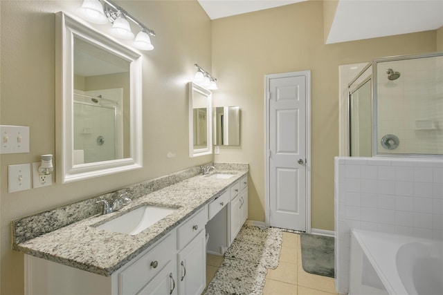 5732 Montclair Hill Ln, Rosharon, TX 77583 - full bath with double vanity, tiled shower, a bath, and tile patterned floors