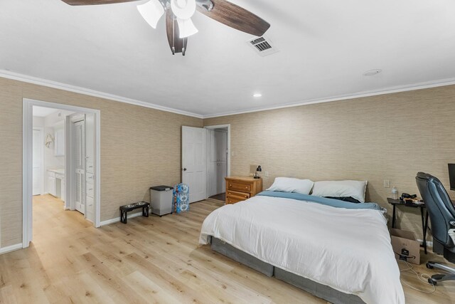 457 Monticello Park, Conroe, TX 77302 - bedroom featuring light wood-type flooring, ornamental molding, baseboards, wallpapered walls, and a ceiling fan