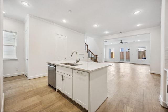 1108 Dart St, Houston, TX 77007 - kitchen featuring dishwasher, a sink, ornamental molding, recessed lighting, and ceiling fan
