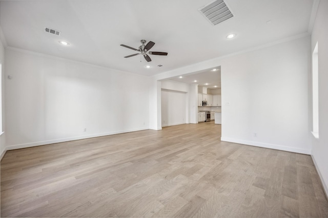 1108 Dart St, Houston, TX 77007 - unfurnished living room featuring a ceiling fan, crown molding, recessed lighting, baseboards, and light wood finished floors