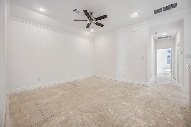 1108 Dart St, Houston, TX 77007 - spare room with ornamental molding, a ceiling fan, baseboards, and recessed lighting