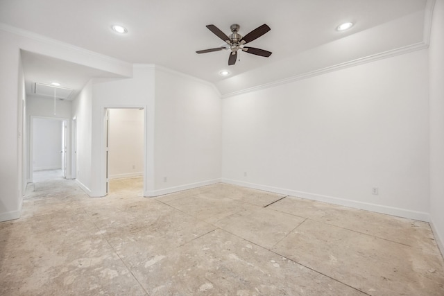 1108 Dart St, Houston, TX 77007 - empty room featuring ornamental molding, attic access, a ceiling fan, recessed lighting, and baseboards