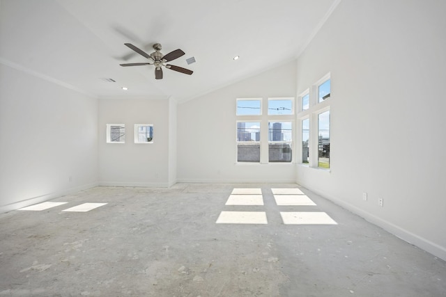 1108 Dart St, Houston, TX 77007 - spare room featuring crown molding, ceiling fan, baseboards, and a high ceiling