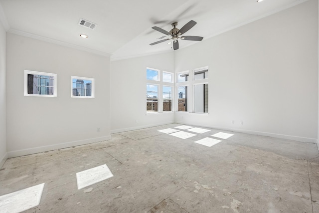 1108 Dart St, Houston, TX 77007 - empty room with ornamental molding, baseboards, high vaulted ceiling, and a ceiling fan