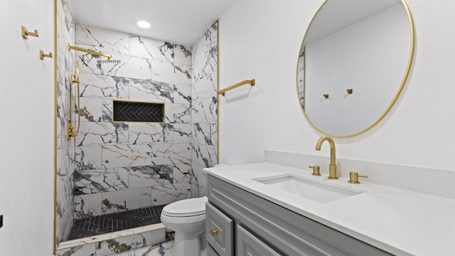 8603 Twisting Vine Ln, Houston, TX 77040 - bathroom with marble look tile flooring, vanity, toilet, a marble finish shower, and recessed lighting