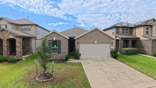 4322 Mossy Banks Ln, Houston, TX 77068 - view of front facade with brick siding, a garage, concrete driveway, and a front yard