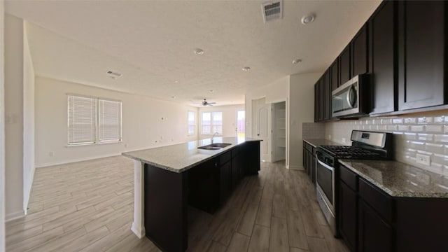 4322 Mossy Banks Ln, Houston, TX 77068 - kitchen with appliances with stainless steel finishes, a sink, open floor plan, light wood-style flooring, and a kitchen island with sink