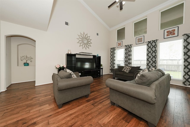 3314 Tall Sycamore Trl, Katy, TX 77493 - living room featuring high vaulted ceiling, crown molding, ceiling fan, healthy amount of natural light, and baseboards