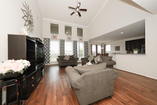 3314 Tall Sycamore Trl, Katy, TX 77493 - living area featuring high vaulted ceiling, ceiling fan, crown molding, dark wood-style flooring, and baseboards