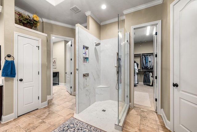 212 Salmon Creek Ln, Friendswood, TX 77546 - full bathroom with a marble finish shower, crown molding, baseboards, a walk in closet, and recessed lighting