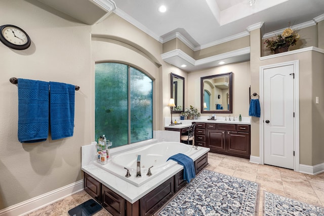 212 Salmon Creek Ln, Friendswood, TX 77546 - full bath with ornamental molding, vanity, a tub with jets, and baseboards