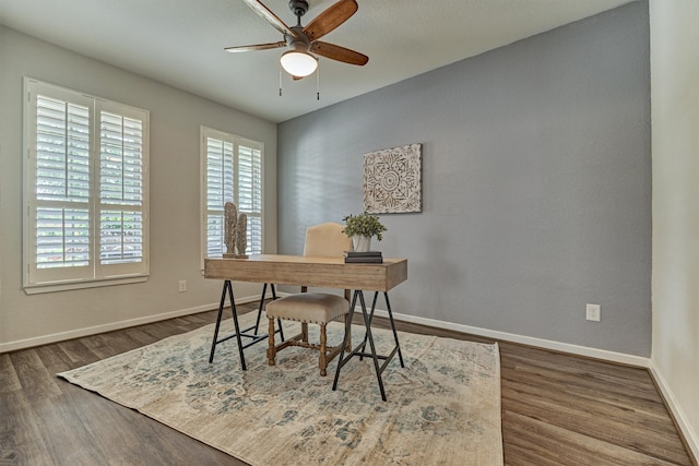 109 Pepper Grass Pl, Montgomery, TX 77316 - office space featuring ceiling fan, wood finished floors, and baseboards