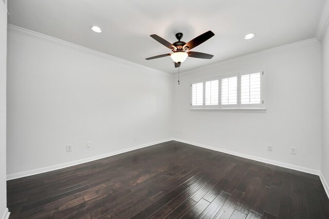 405 N Post Oak Ln Unit 405, Houston, TX 77024 - empty room featuring a ceiling fan, ornamental molding, baseboards, dark wood-style floors, and recessed lighting